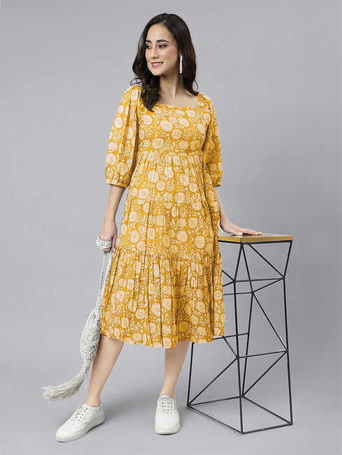Yellow Pure Cotton Floral Printed Tiered Dress